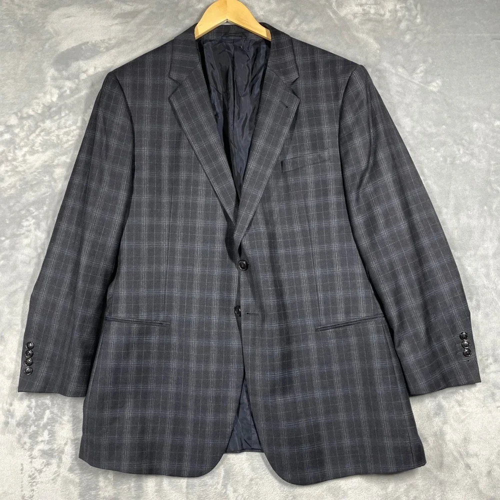 Giorgio Armani Taylor Charcoal Grey Virgin Wool Cashmere Plaid Blazer Jacket 50R